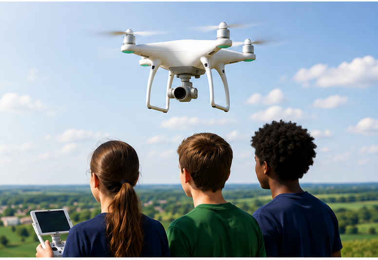 Students observing a drone during an outdoor STEM learning activity